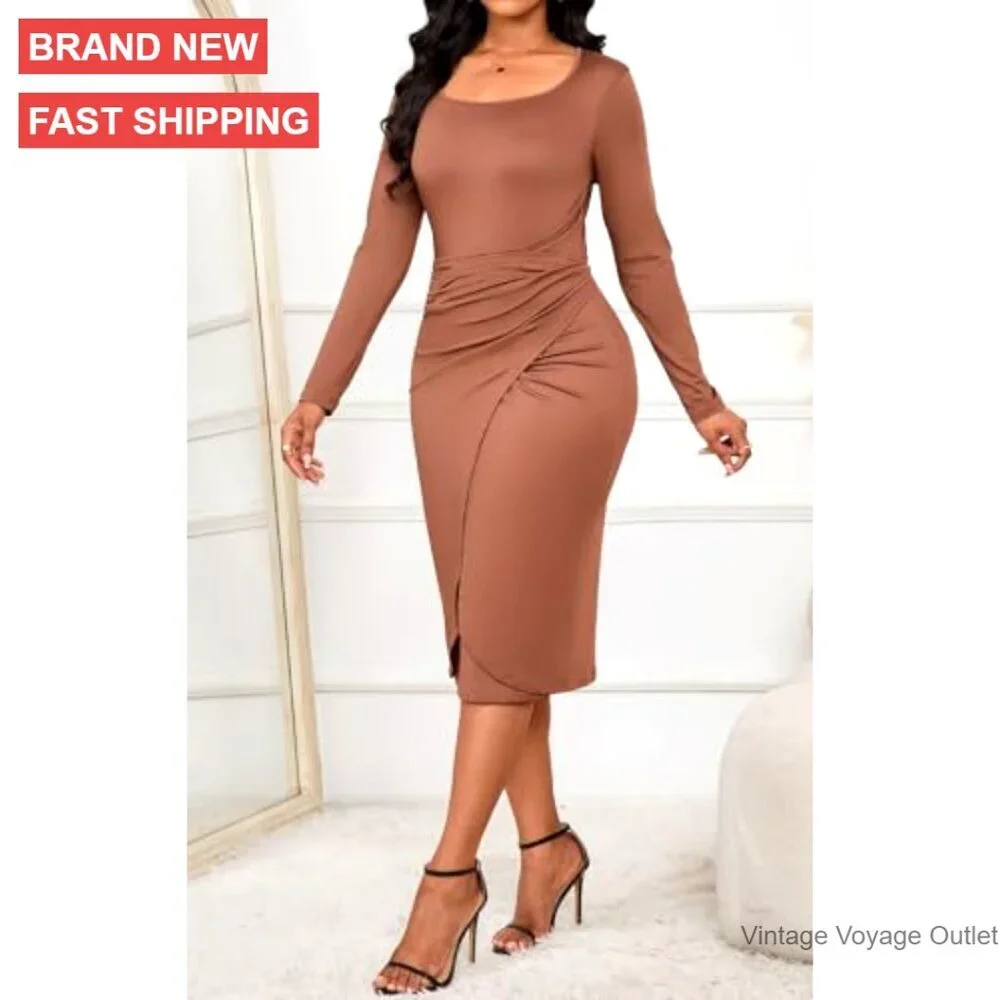 Long Sleeve Bodycon Midi Dress Wrap Tie Square Neck Party Dress - Picture 3 of 7